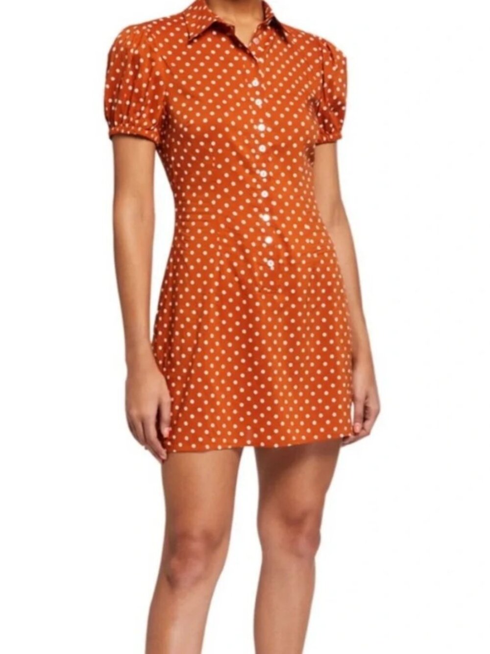 WeWoreWhat Elle Dress M Bran Rust Polka Dot Puff Sleeve Mini Shirt Dress NWT - Picture 2 of 11